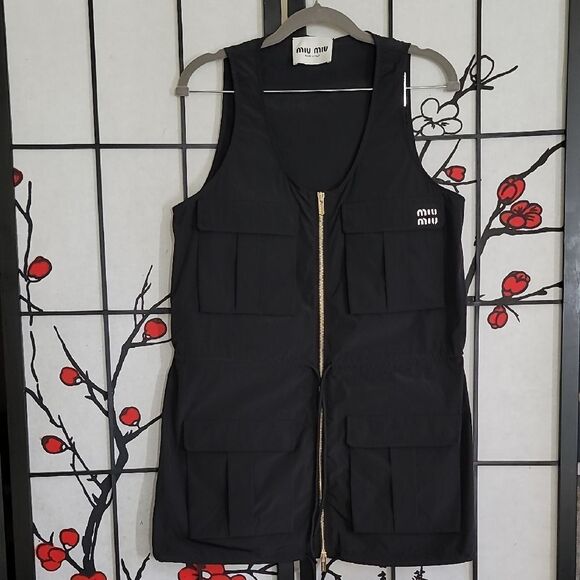Miu Miu Technical Fabric Black  Sleeveless Vest/Dress with Gold Zipper Detail. - Picture 2 of 16